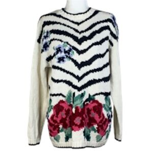 Vintage Karin Morgan 80's Sweater Medium NEW Grandma Roses Floral Hong Kong